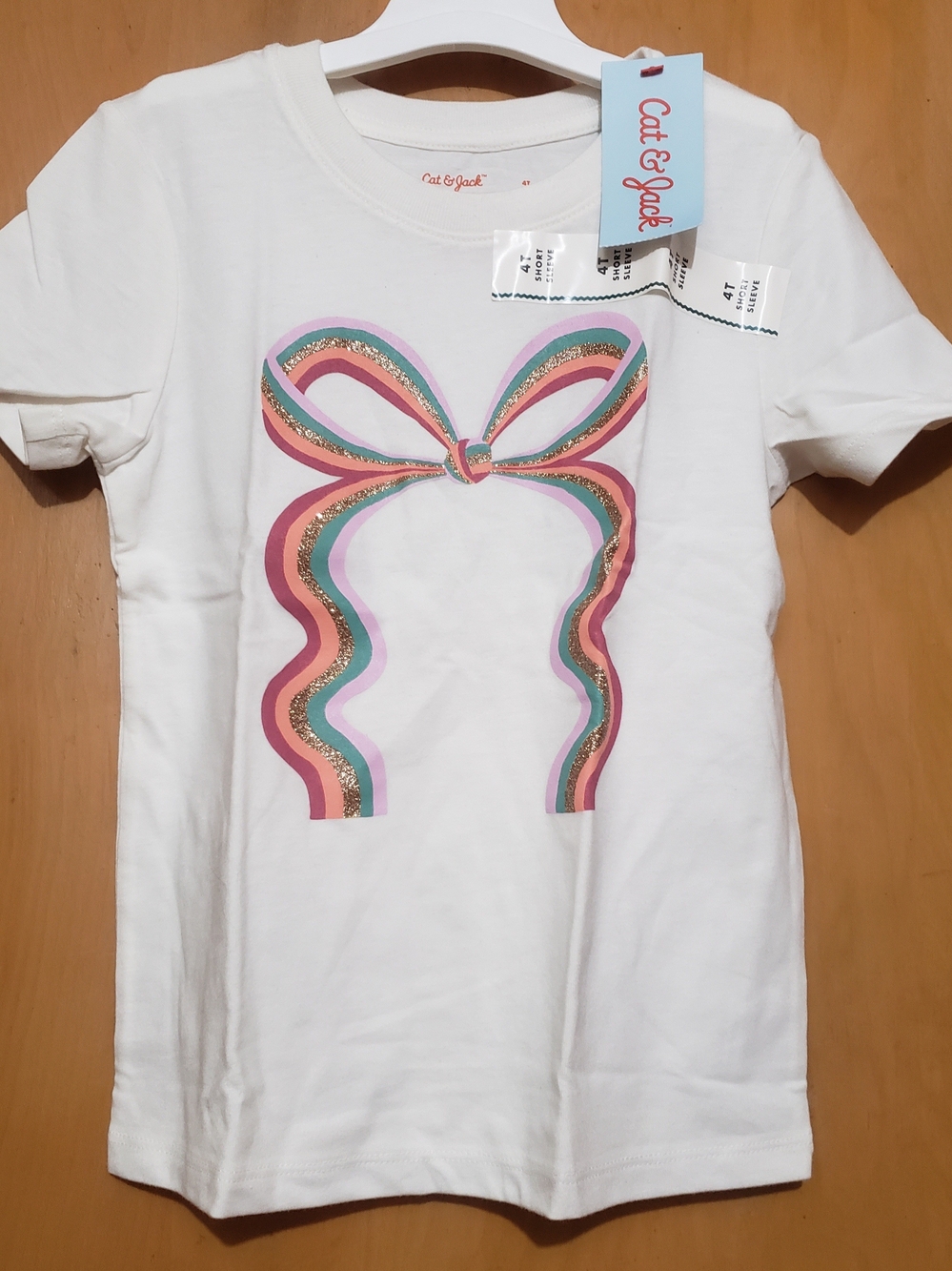 Cat & Jack White Short Sleeve Tee with Multicolor Glitter Bow Graphic